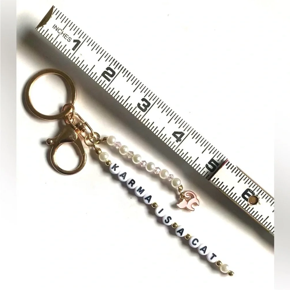 Karma Is A Cat Keychain Pearls and Pink Crystals on A Gold Tone Keyring Pink Cat